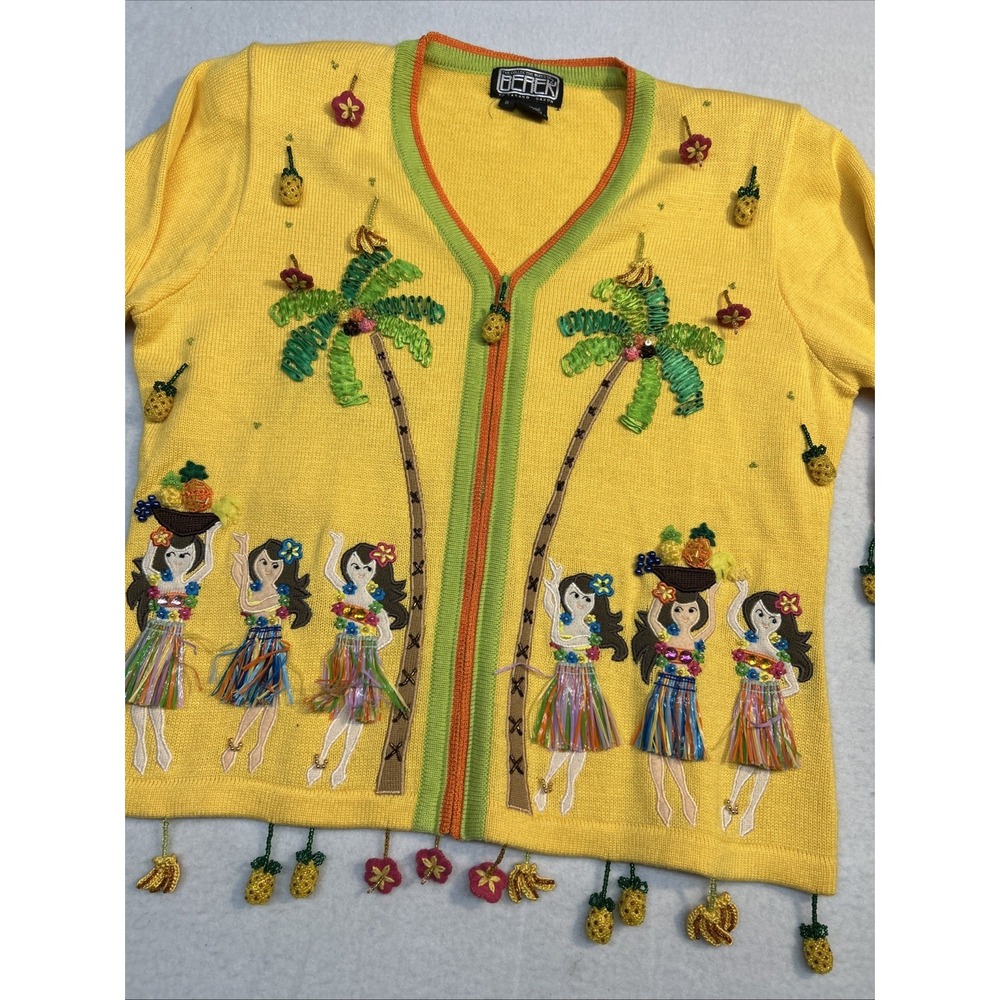 VTG Berek By Takako Sakon Large Hula Girl Sweater Tropical Full Zip Small